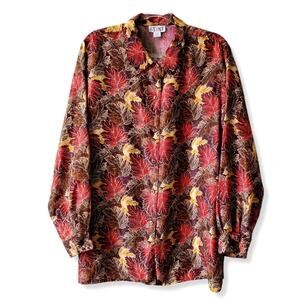 VTG 90s Silk Blouse Shirt 1X Button Front Autumn Leaves Fall Neutral Natural NEW